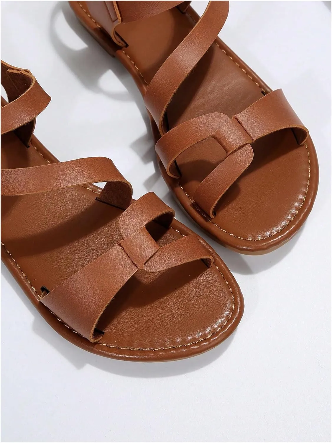 OYOANGLE Women's Cut Out Strappy Leather Ankle Strap Sandals Summer Open Toe Flat Sandal Comfy Walking Shoes