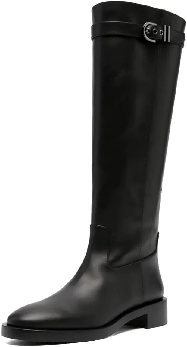Pazzion Women's Closed Round Toe Knee High Boots Low Chunky Heel Smooth Side Zip Riding Boot with Buckle Comfy Daily Travel Leisure Shoes Size 4-16 US