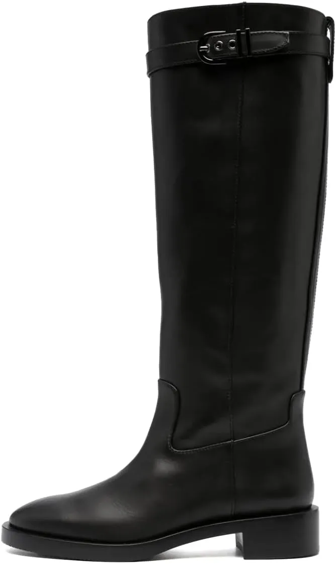 Pazzion Women's Closed Round Toe Knee High Boots Low Chunky Heel Smooth Side Zip Riding Boot with Buckle Comfy Daily Travel Leisure Shoes Size 4-16 US