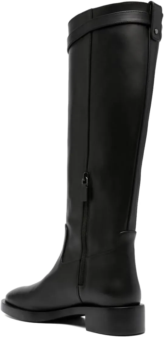 Pazzion Women's Closed Round Toe Knee High Boots Low Chunky Heel Smooth Side Zip Riding Boot with Buckle Comfy Daily Travel Leisure Shoes Size 4-16 US