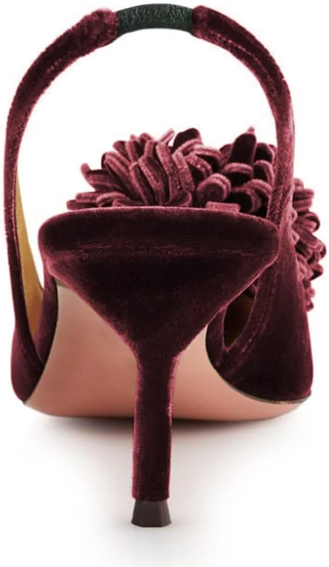 Pazzion Women's Velvet Pompom Stiletto Heel Pumps Pointed Toe Slip On Elastic Slingback Strap Mid Heels Comfy Prom Dancing Shoes Size 4-16 US