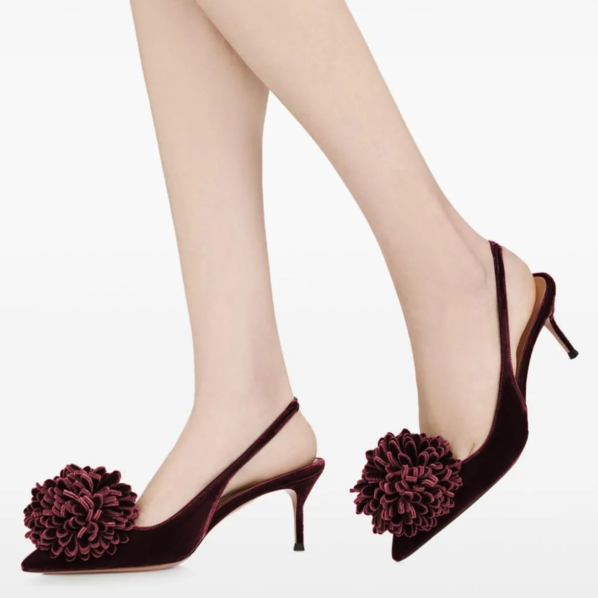 Pazzion Women's Velvet Pompom Stiletto Heel Pumps Pointed Toe Slip On Elastic Slingback Strap Mid Heels Comfy Prom Dancing Shoes Size 4-16 US