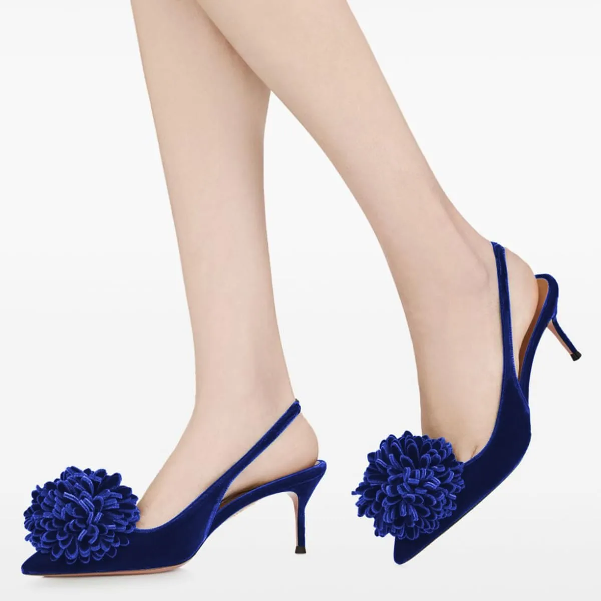 Pazzion Women's Velvet Pompom Stiletto Heel Pumps Pointed Toe Slip On Elastic Slingback Strap Mid Heels Comfy Prom Dancing Shoes Size 4-16 US