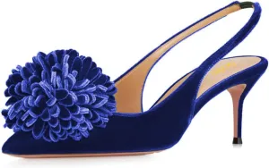 Pazzion Women's Velvet Pompom Stiletto Heel Pumps Pointed Toe Slip On Elastic Slingback Strap Mid Heels Comfy Prom Dancing Shoes Size 4-16 US