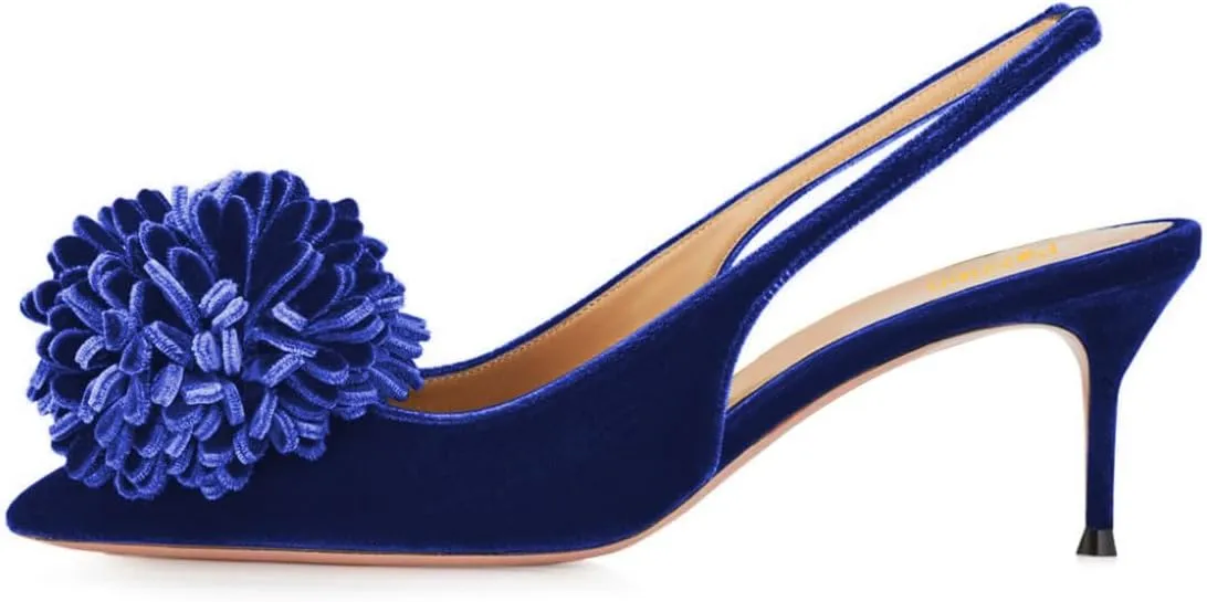 Pazzion Women's Velvet Pompom Stiletto Heel Pumps Pointed Toe Slip On Elastic Slingback Strap Mid Heels Comfy Prom Dancing Shoes Size 4-16 US