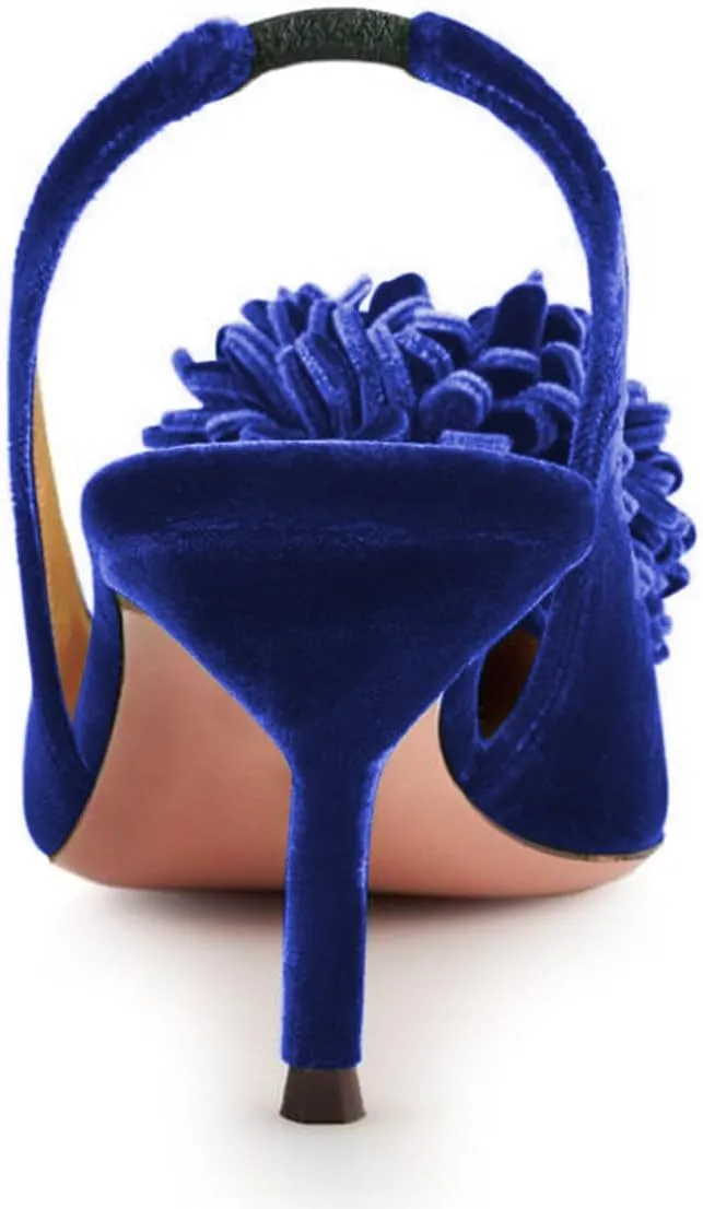 Pazzion Women's Velvet Pompom Stiletto Heel Pumps Pointed Toe Slip On Elastic Slingback Strap Mid Heels Comfy Prom Dancing Shoes Size 4-16 US