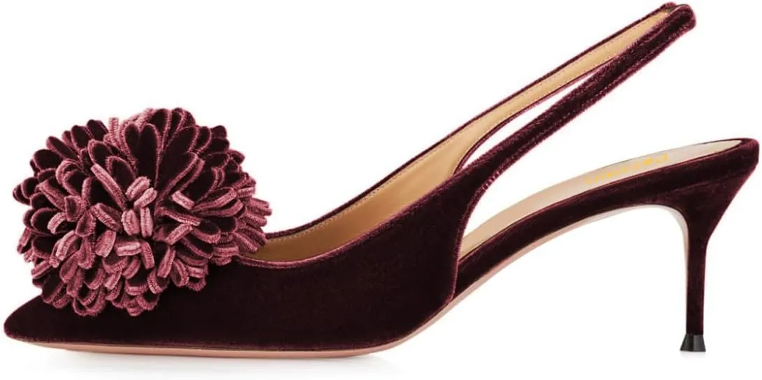 Pazzion Women's Velvet Pompom Stiletto Heel Pumps Pointed Toe Slip On Elastic Slingback Strap Mid Heels Comfy Prom Dancing Shoes Size 4-16 US