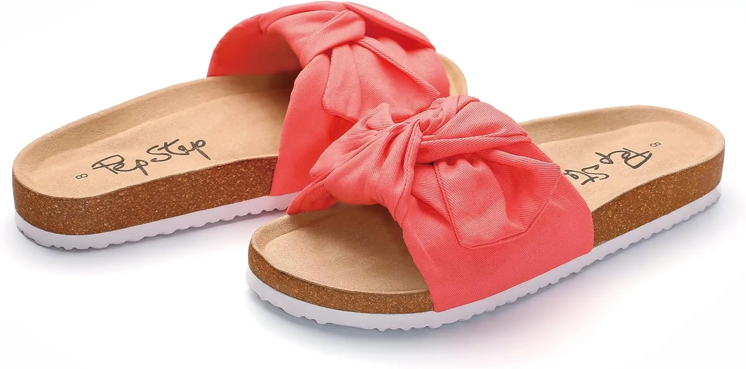 PepStep Slide Sandals for Women or Ladies Dressy Summer Casual, Cute Bow Tie Knot On Top Strap, Comfy Slip On Cork Foot Bed