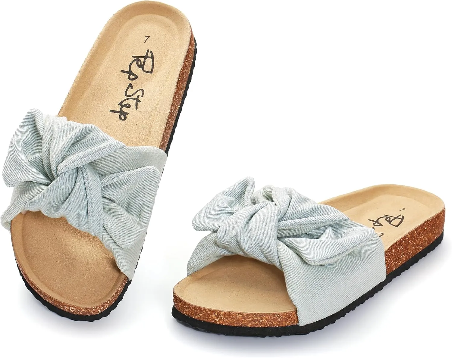 PepStep Slide Sandals for Women or Ladies Dressy Summer Casual, Cute Bow Tie Knot On Top Strap, Comfy Slip On Cork Foot Bed