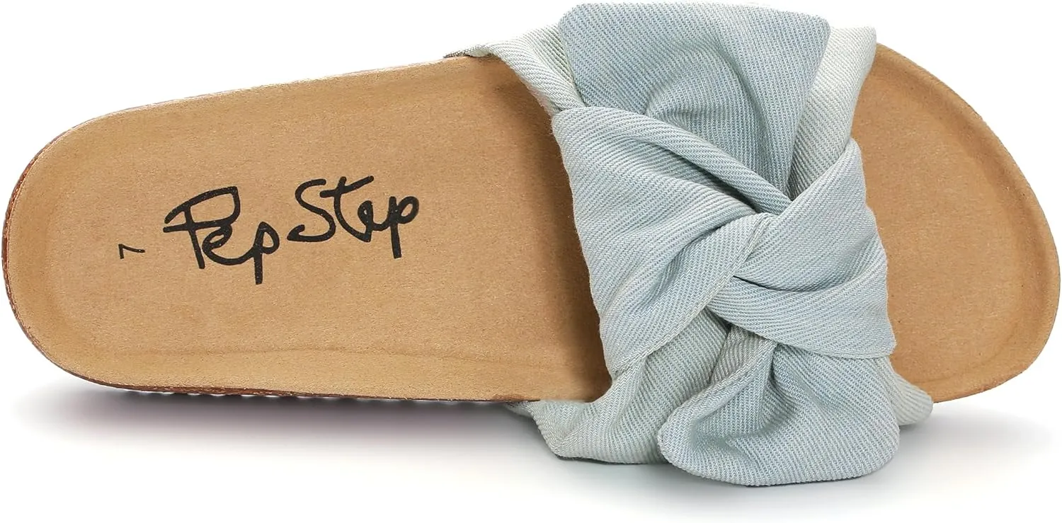 PepStep Slide Sandals for Women or Ladies Dressy Summer Casual, Cute Bow Tie Knot On Top Strap, Comfy Slip On Cork Foot Bed