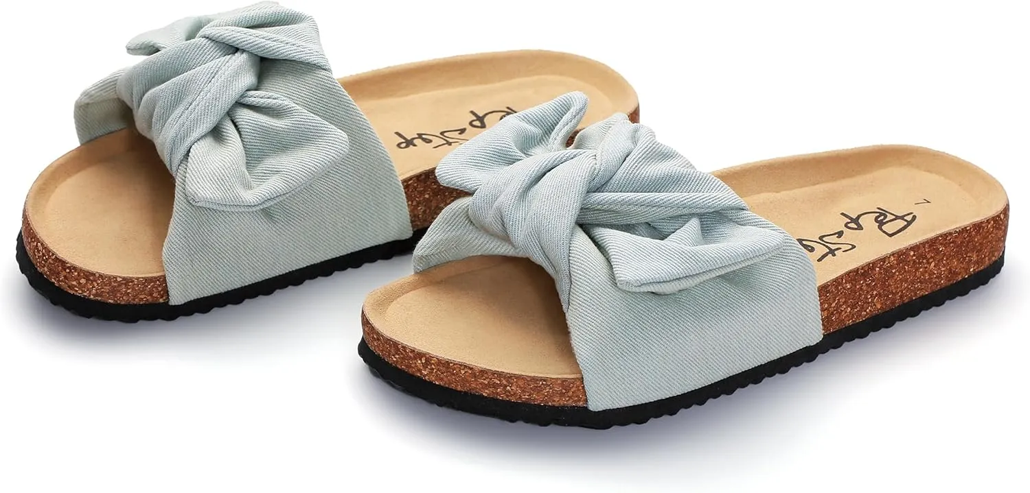 PepStep Slide Sandals for Women or Ladies Dressy Summer Casual, Cute Bow Tie Knot On Top Strap, Comfy Slip On Cork Foot Bed