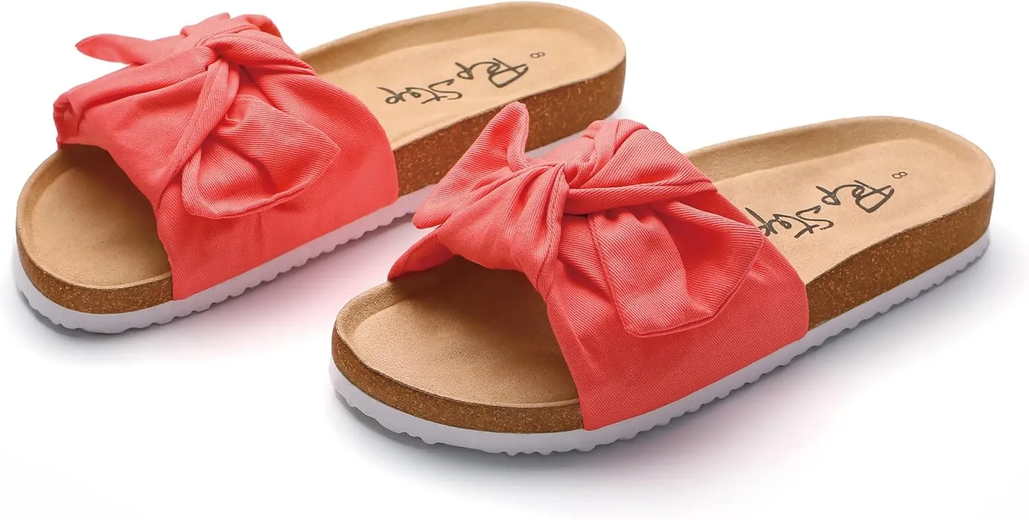 PepStep Slide Sandals for Women or Ladies Dressy Summer Casual, Cute Bow Tie Knot On Top Strap, Comfy Slip On Cork Foot Bed