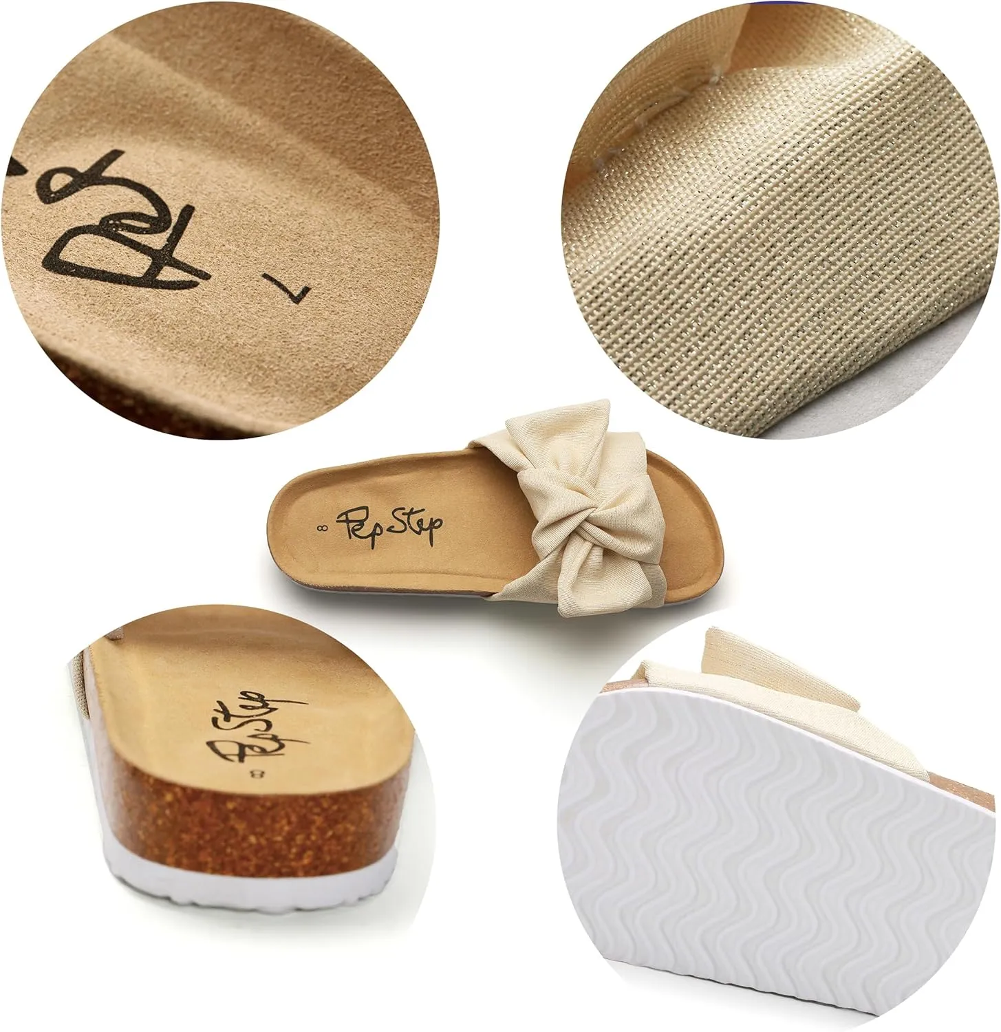 PepStep Slide Sandals for Women or Ladies Dressy Summer Casual, Cute Bow Tie Knot On Top Strap, Comfy Slip On Cork Foot Bed