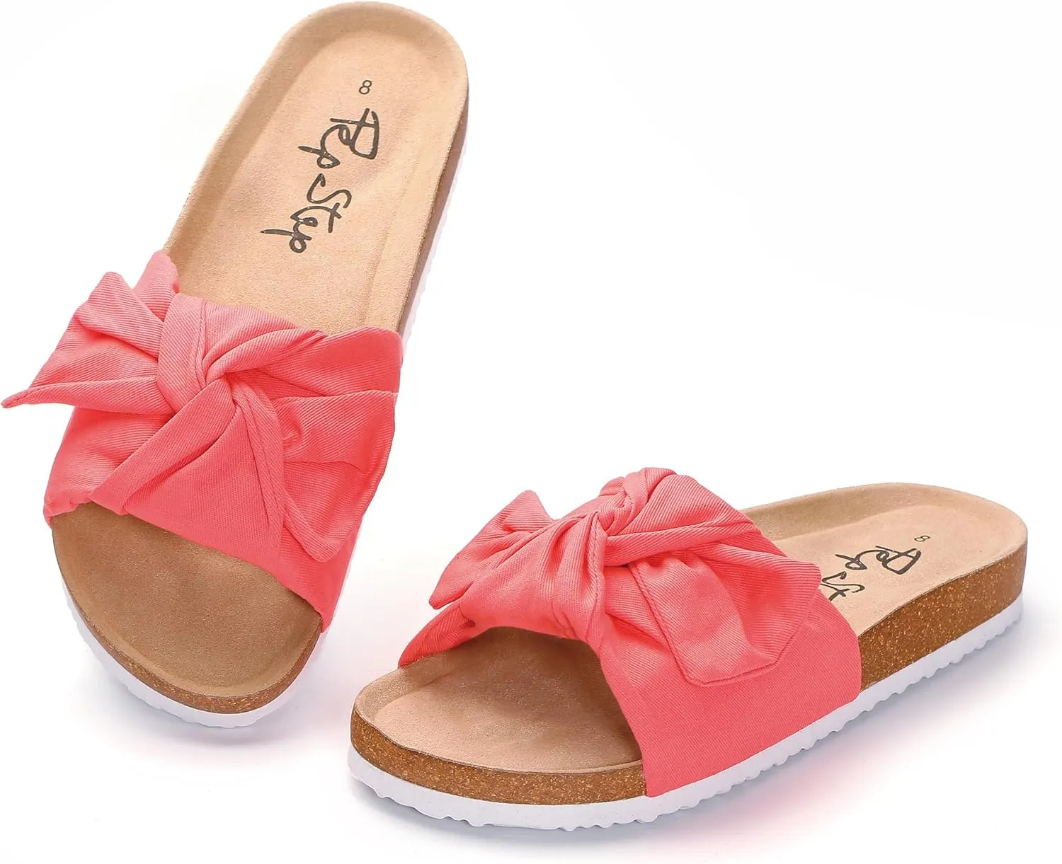 PepStep Slide Sandals for Women or Ladies Dressy Summer Casual, Cute Bow Tie Knot On Top Strap, Comfy Slip On Cork Foot Bed