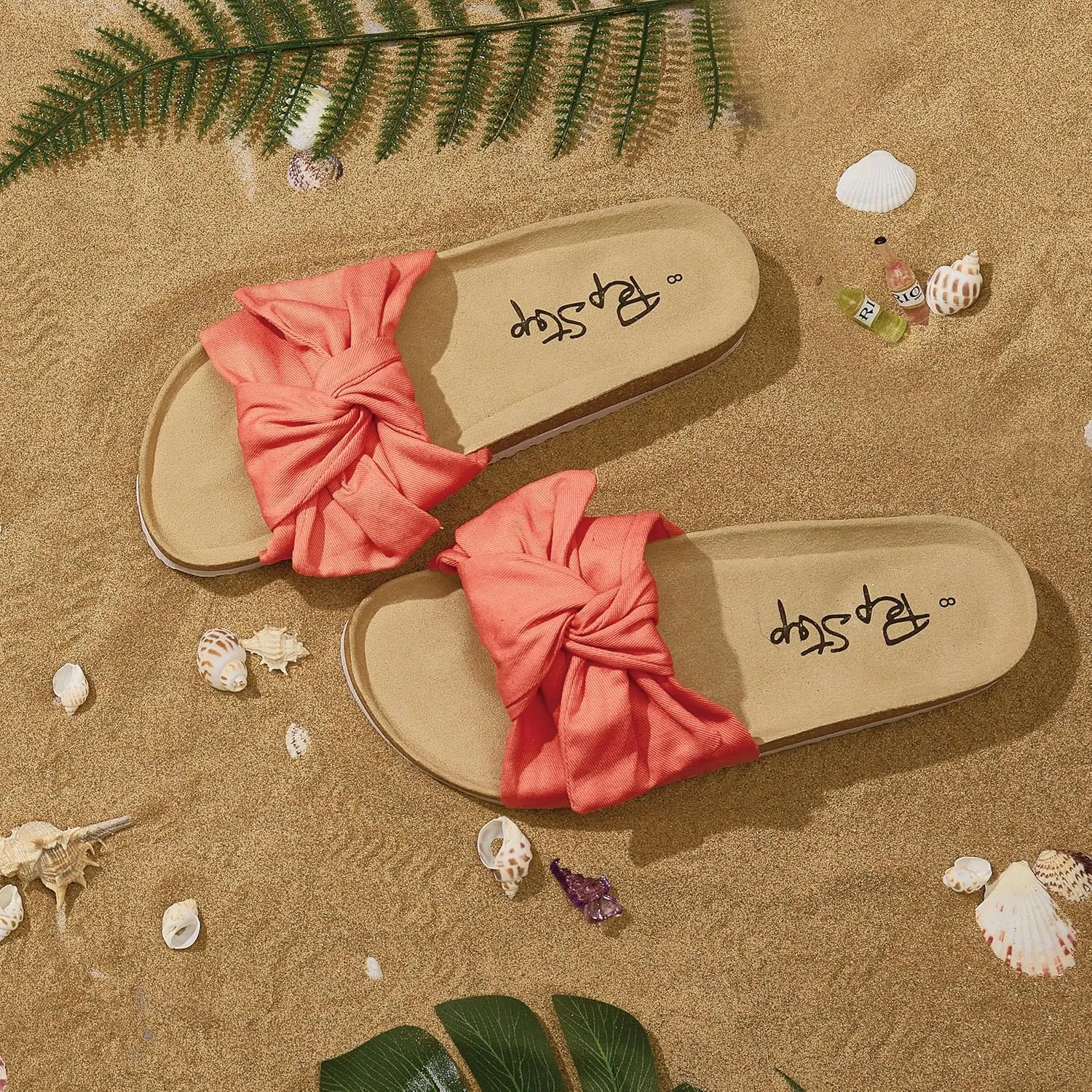 PepStep Slide Sandals for Women or Ladies Dressy Summer Casual, Cute Bow Tie Knot On Top Strap, Comfy Slip On Cork Foot Bed