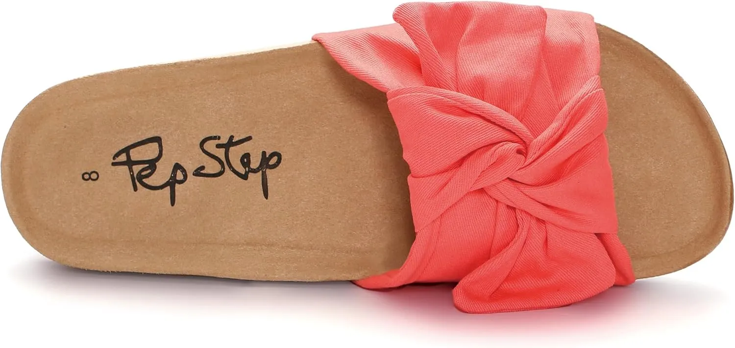 PepStep Slide Sandals for Women or Ladies Dressy Summer Casual, Cute Bow Tie Knot On Top Strap, Comfy Slip On Cork Foot Bed