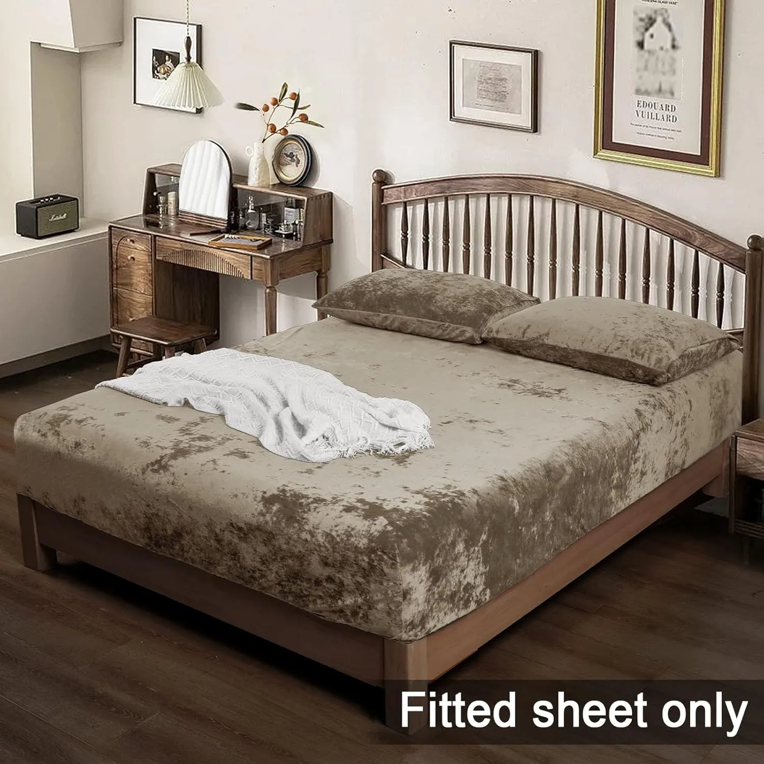 PHF Truly Velvet Fitted Sheet Only Queen Size, Luxury Super Soft Cozy Comfy Fleece Bottom with 15" Deep Pocket,Suitable for Fall Winter and Spring, No Pillowcases, Khaki