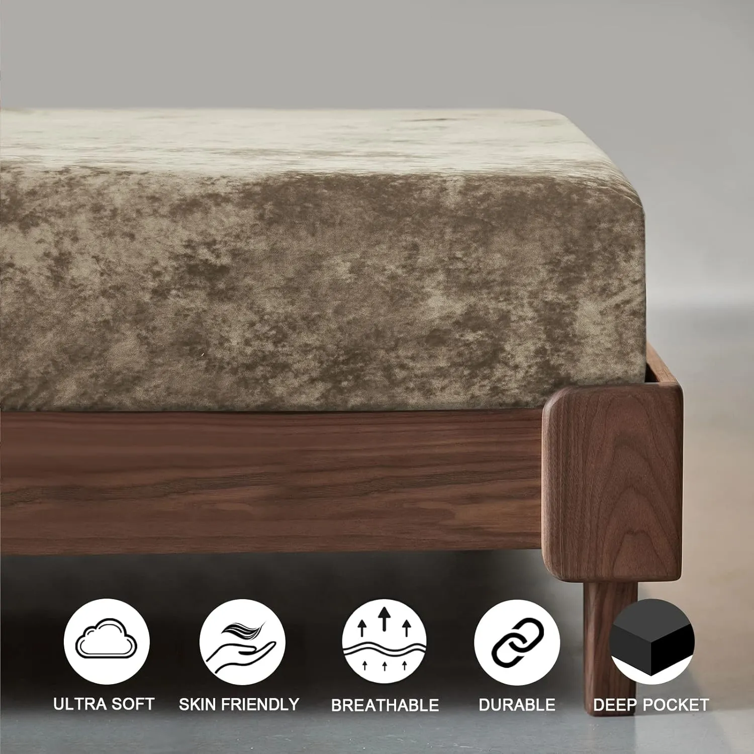 PHF Truly Velvet Fitted Sheet Only Queen Size, Luxury Super Soft Cozy Comfy Fleece Bottom with 15" Deep Pocket,Suitable for Fall Winter and Spring, No Pillowcases, Khaki