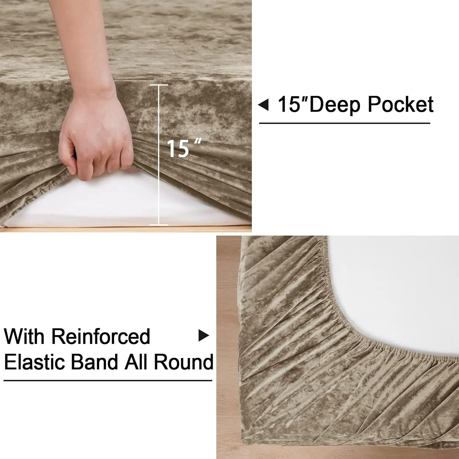 PHF Truly Velvet Fitted Sheet Only Queen Size, Luxury Super Soft Cozy Comfy Fleece Bottom with 15" Deep Pocket,Suitable for Fall Winter and Spring, No Pillowcases, Khaki