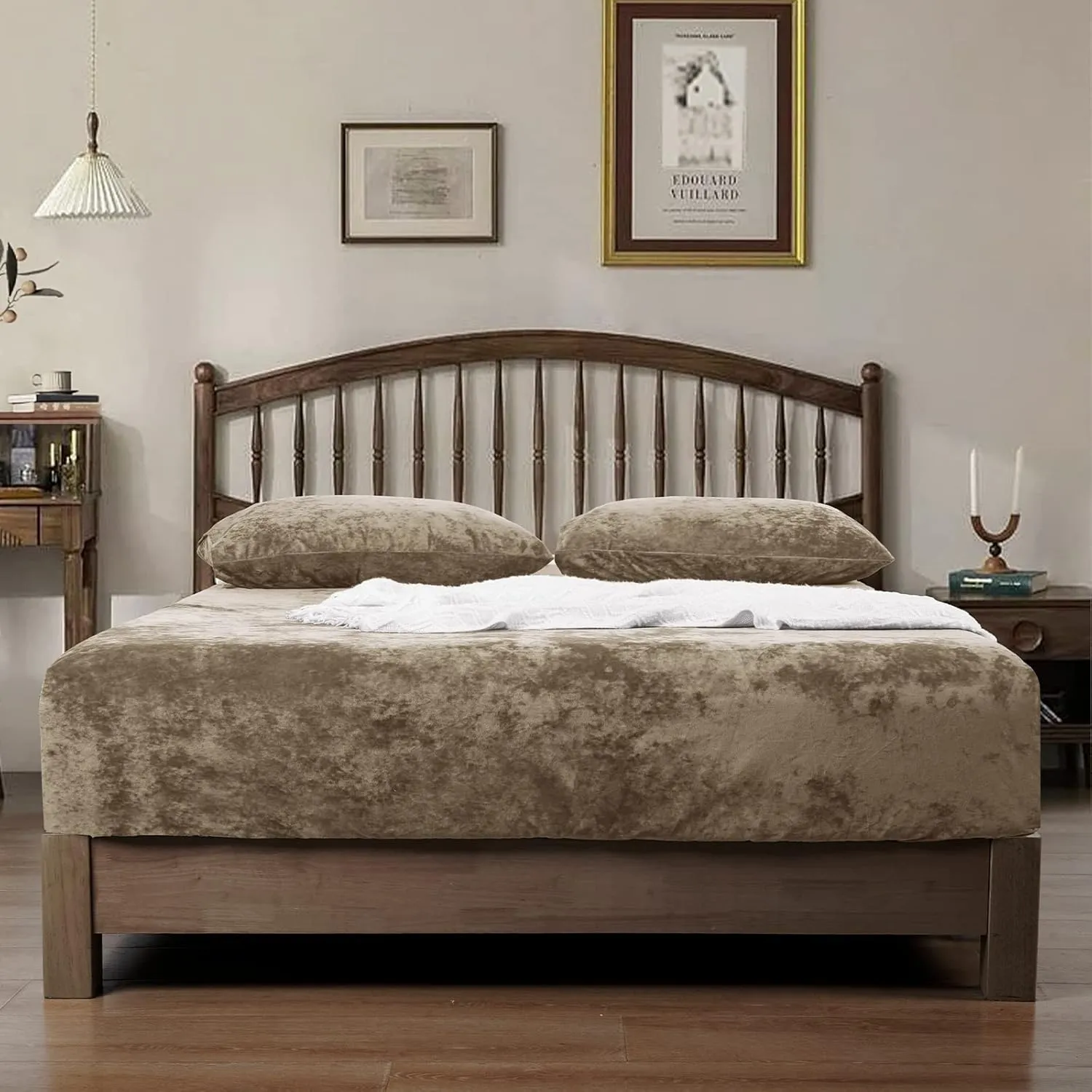 PHF Truly Velvet Fitted Sheet Only Queen Size, Luxury Super Soft Cozy Comfy Fleece Bottom with 15" Deep Pocket,Suitable for Fall Winter and Spring, No Pillowcases, Khaki