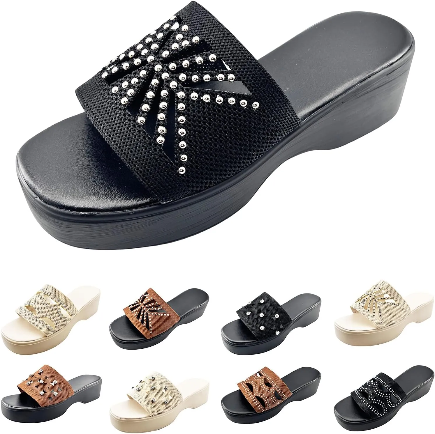 Platform Sandals for Women Comfortable Knit Slip On Slippers Sandals Fashion Sparkling Rhinestone Slippers Soft Cushion Platform Beach Shoes for Summers Dress Beach