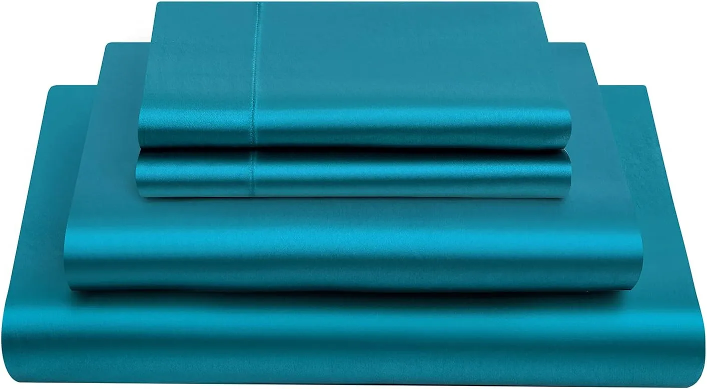 Queen Size Soft Satin Silk Bed Sheets Teal Satin Silk Sheet Set, 12" Deep Pocket Fitted Sheet   1 Flat Sheet   2 Pillowcases