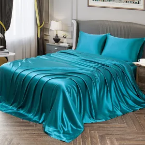 Queen Size Soft Satin Silk Bed Sheets Teal Satin Silk Sheet Set, 12" Deep Pocket Fitted Sheet   1 Flat Sheet   2 Pillowcases