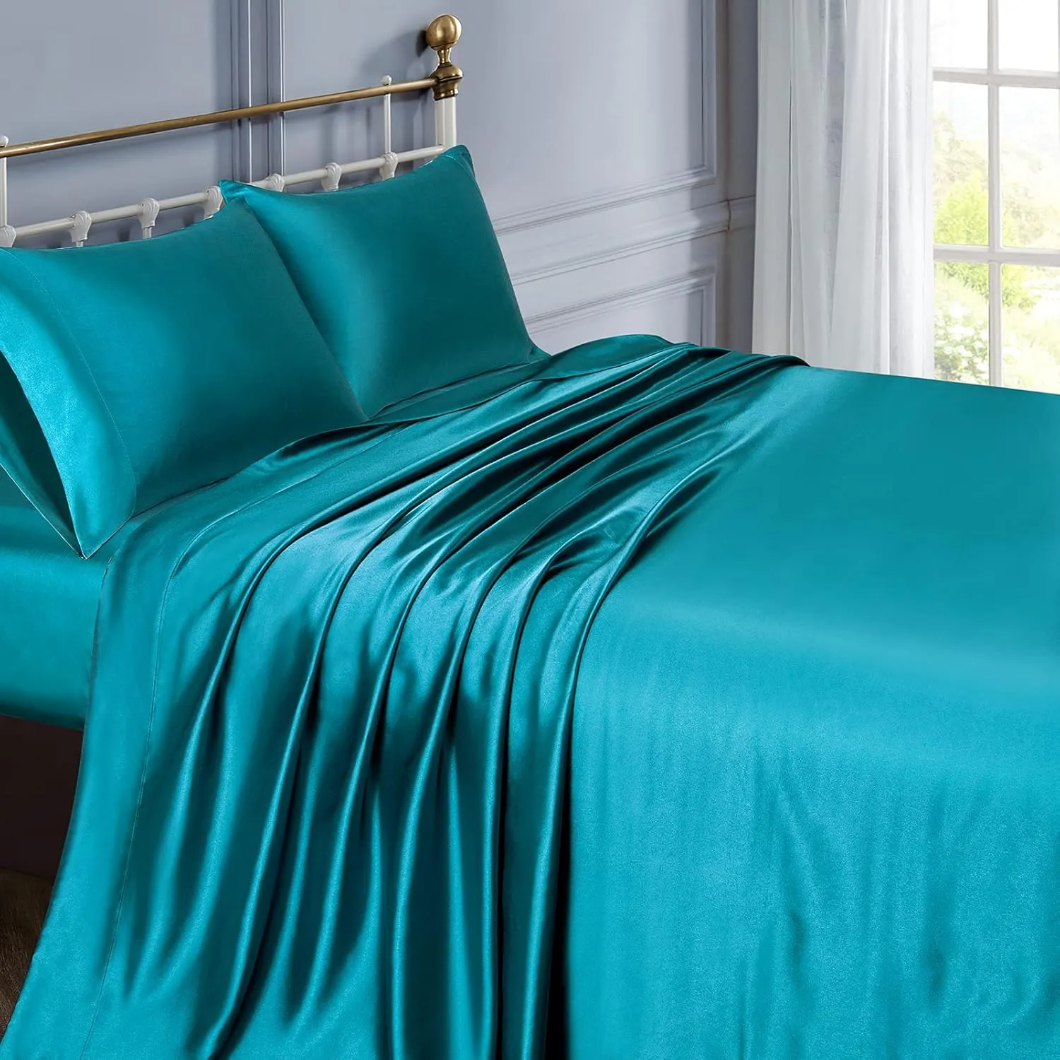 Queen Size Soft Satin Silk Bed Sheets Teal Satin Silk Sheet Set, 12" Deep Pocket Fitted Sheet   1 Flat Sheet   2 Pillowcases