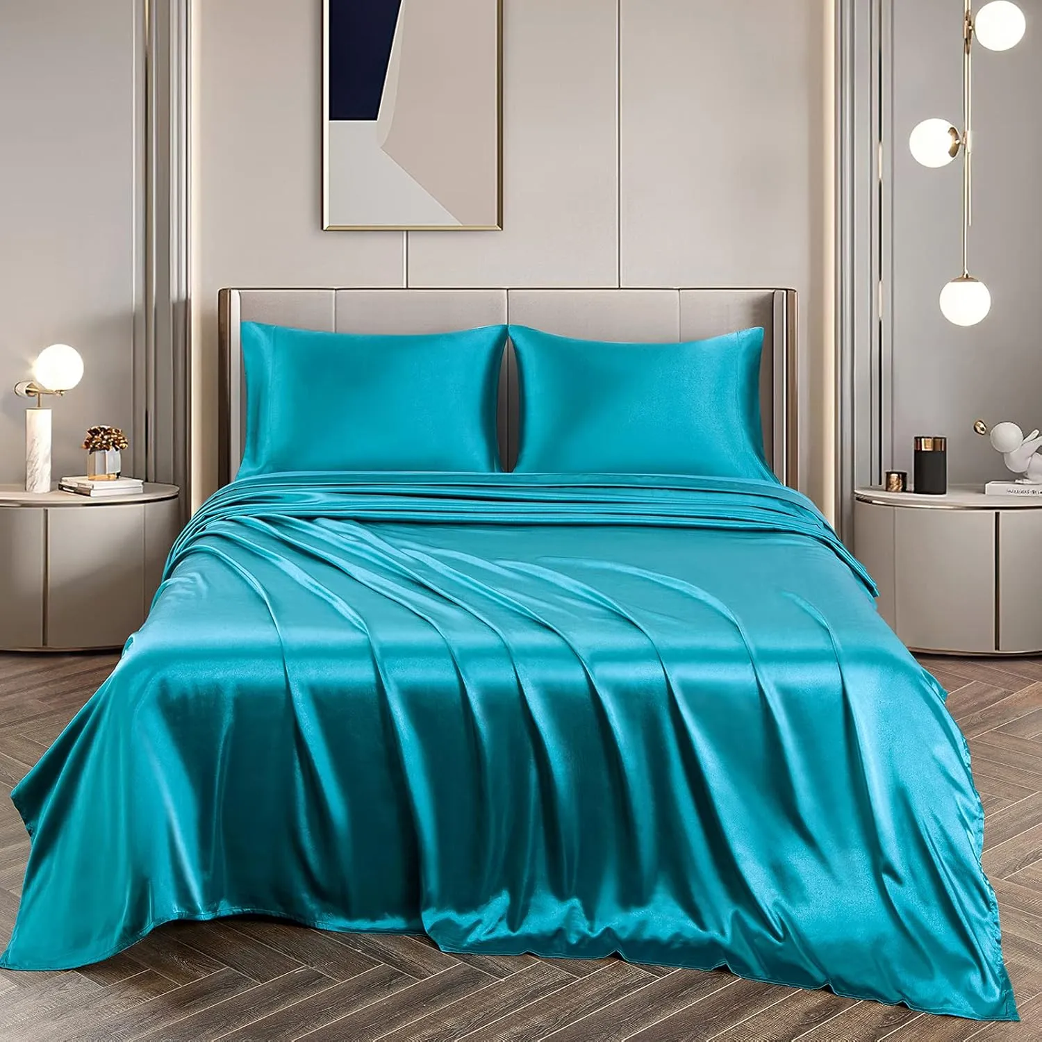 Queen Size Soft Satin Silk Bed Sheets Teal Satin Silk Sheet Set, 12" Deep Pocket Fitted Sheet   1 Flat Sheet   2 Pillowcases