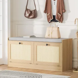 Rattan Shoe Bench for Entryway, Hallway and Bedroom - Boho Bench With Storage Cabinets and Seat Cushion - Wooden Storage Bench Fits up to Size 16 - Natural Oak