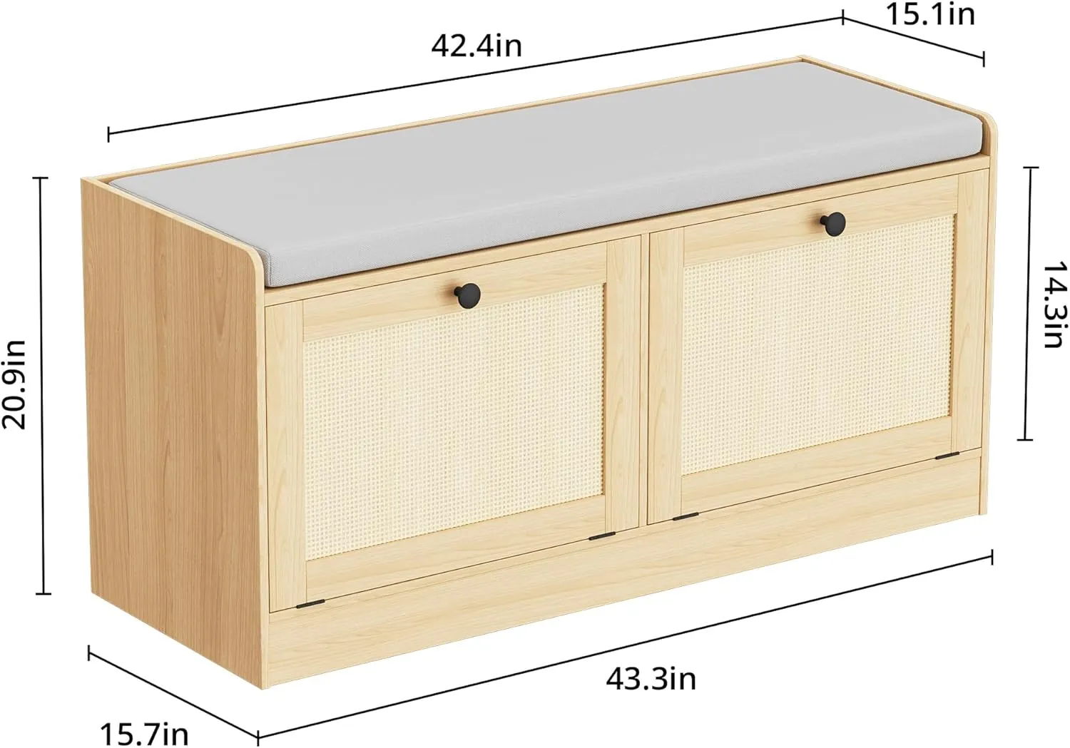 Rattan Shoe Bench for Entryway, Hallway and Bedroom - Boho Bench With Storage Cabinets and Seat Cushion - Wooden Storage Bench Fits up to Size 16 - Natural Oak