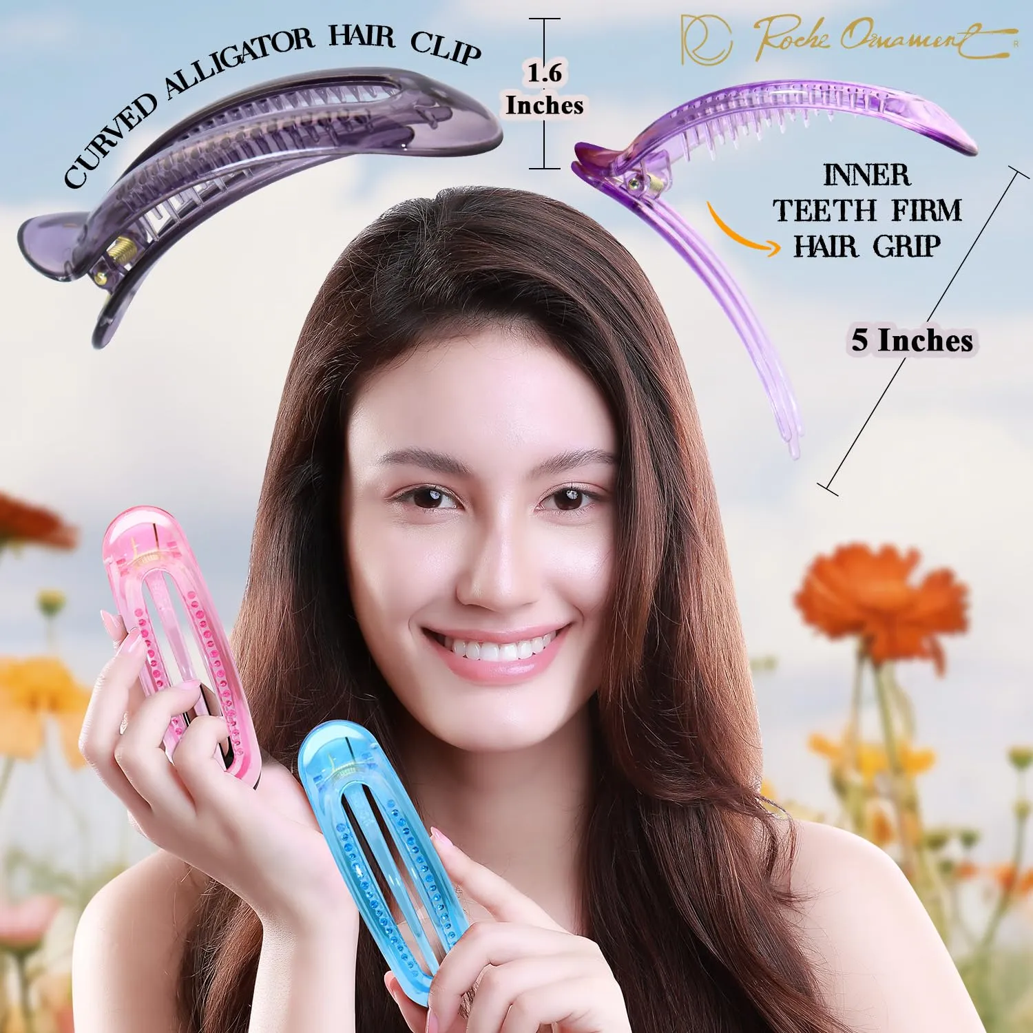 RC ROCHE ORNAMENT 6 Pcs Flat Hair Clips Alligator Duckbill French Barrette Classic Side Slide Firm Grip Plastic Styling Lay Flat Claw for Womens, Large Transparent Multicolor