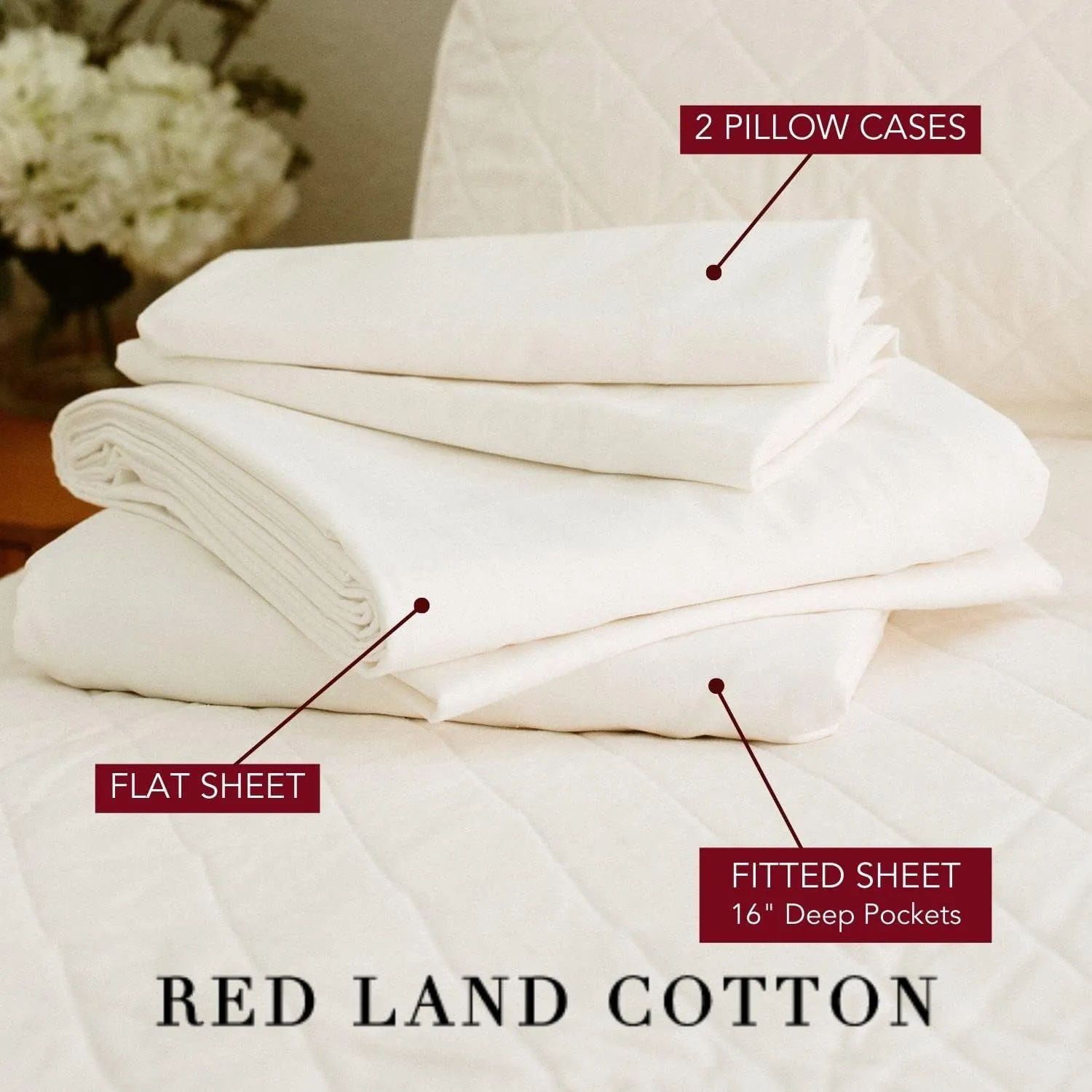 Red Land Cotton Luxury Sheet Set | 100% American Grown Cotton Basics | Premium Hotel Ultra-Soft Lightweight 4 Piece USA Made Deep Fitted, Flat Sheet, & Pillowcases Percale Weave (Cal King/Natural)