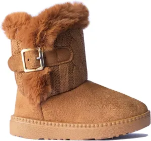 REDVOLUTION Kids Boots Toddler Girls Cute 2 Buttons || Rhinestone Faux Fur Suede Knitting Shoe