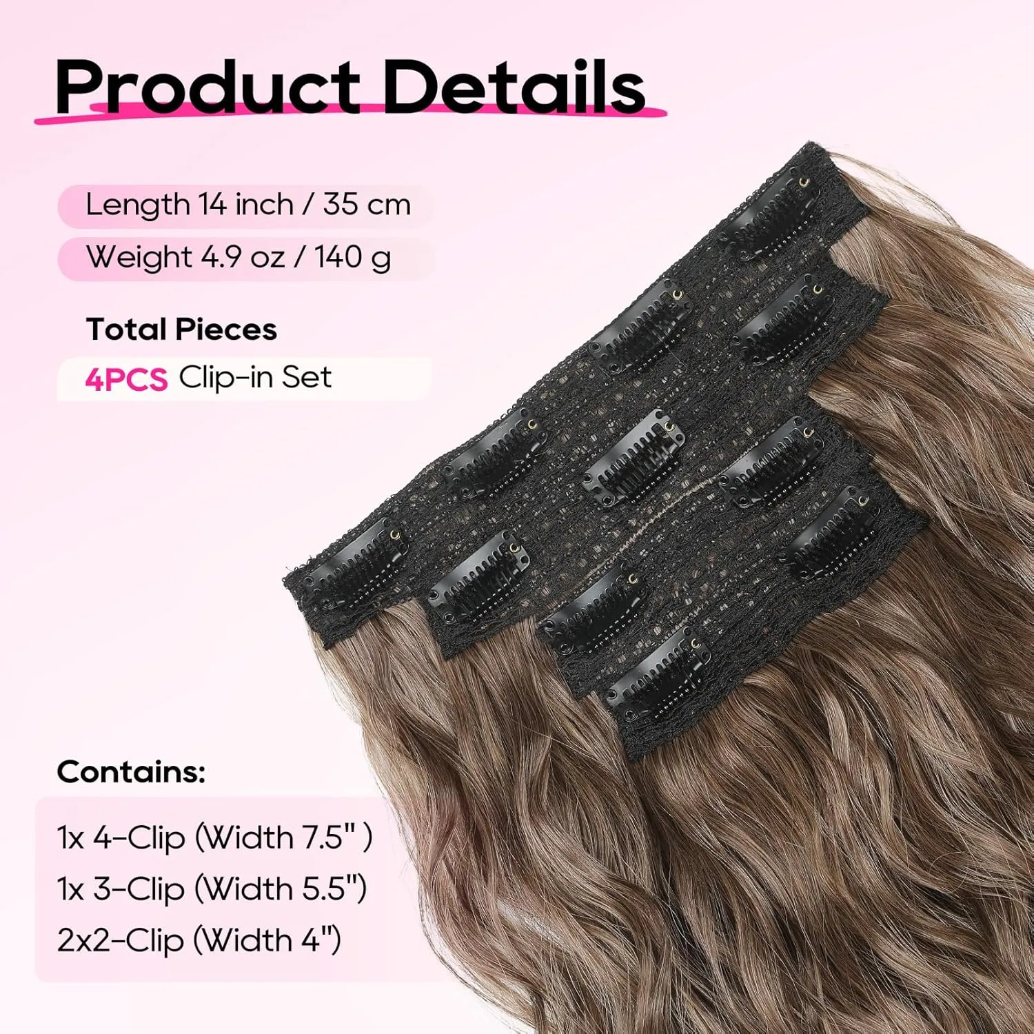 REECHO Clip-in Hair Extensions, 4PCS 14" Short Wavy Hairpieces - Invisible Lace Weft, Natural Soft Hair - Light Brown with Light Ends