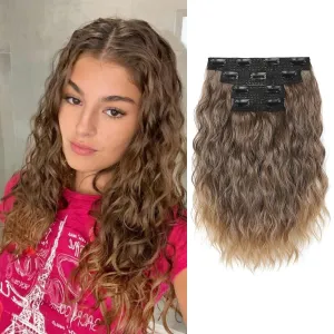 REECHO Clip-in Hair Extensions, 4PCS 14" Short Wavy Hairpieces - Invisible Lace Weft, Natural Soft Hair - Light Brown with Light Ends