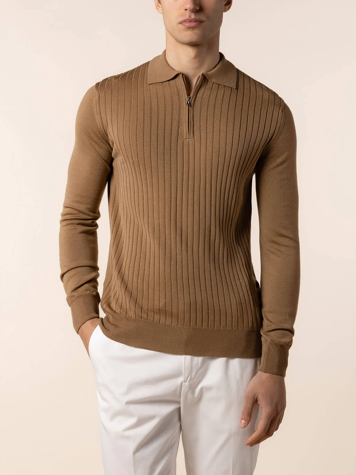 Ribbed Zipper Polo Dark Beige