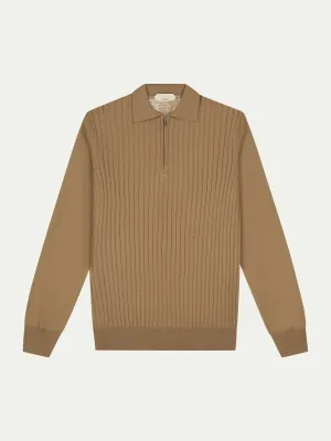 Ribbed Zipper Polo Dark Beige