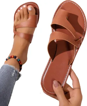 Ring Toe Bunion Slippers for Women,Summer Comfort Soft Foot Correction Flat Sandals,Casual Lightweight Hallux Valgus Beach Flip Flops,for Plantar Fasciitis (Color : Brown, Size : 8.5)