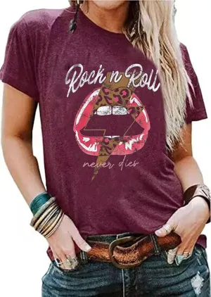 Rock N Roll Shirt Women Vintage Rock Music Graphic Shirt Country Music Tee Funny Letter Printed Casual Short Sleeve Tops
