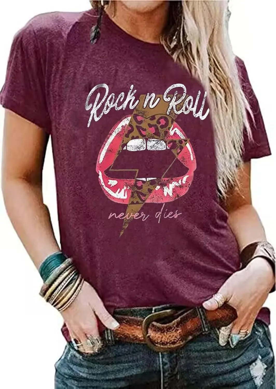 Rock N Roll Shirt Women Vintage Rock Music Graphic Shirt Country Music Tee Funny Letter Printed Casual Short Sleeve Tops