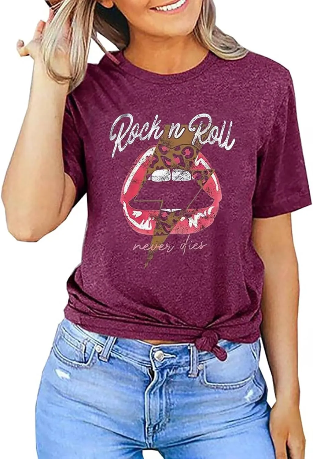 Rock N Roll Shirt Women Vintage Rock Music Graphic Shirt Country Music Tee Funny Letter Printed Casual Short Sleeve Tops