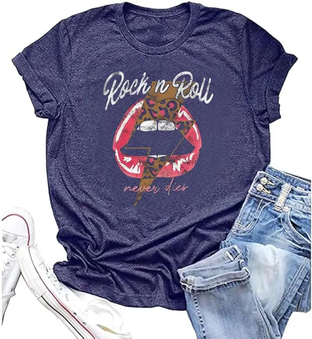 Rock N Roll Shirt Women Vintage Rock Music Graphic Shirt Country Music Tee Funny Letter Printed Casual Short Sleeve Tops