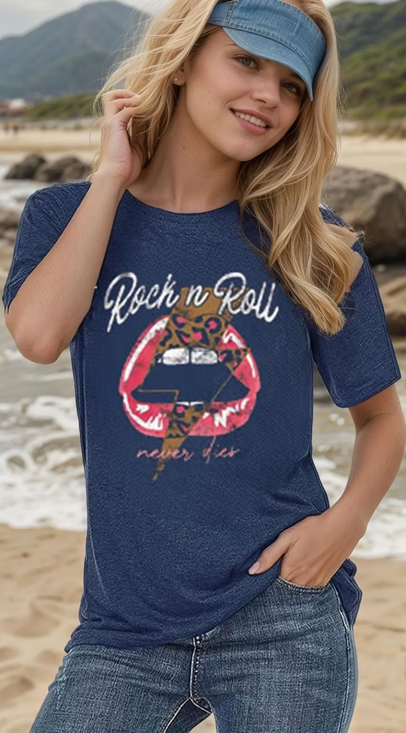Rock N Roll Shirt Women Vintage Rock Music Graphic Shirt Country Music Tee Funny Letter Printed Casual Short Sleeve Tops