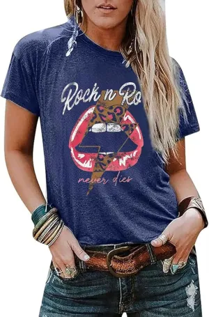Rock N Roll Shirt Women Vintage Rock Music Graphic Shirt Country Music Tee Funny Letter Printed Casual Short Sleeve Tops