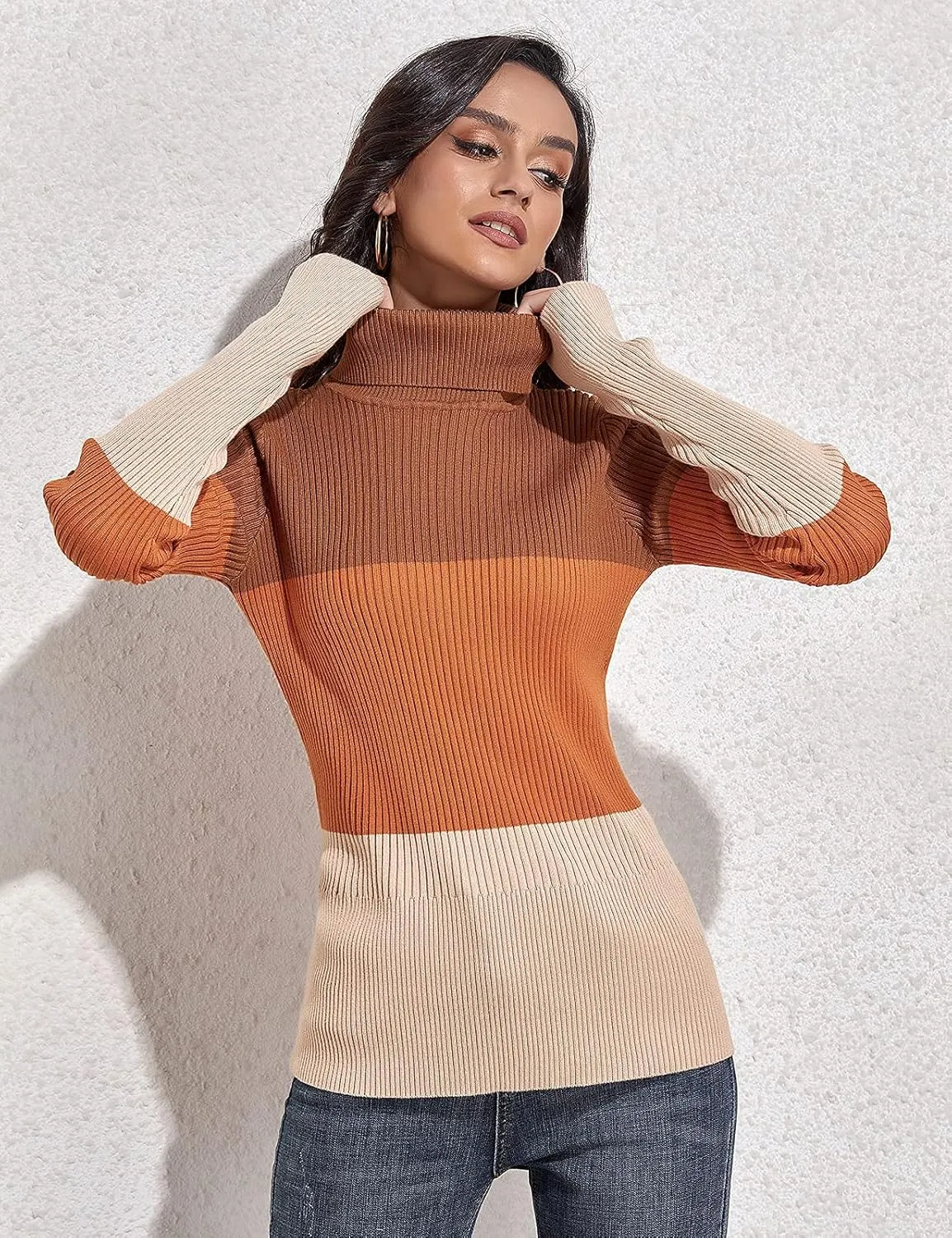 Rocorose Women's Ribbed Turtleneck Sweater Long Sleeve Knitted Solid Pullover