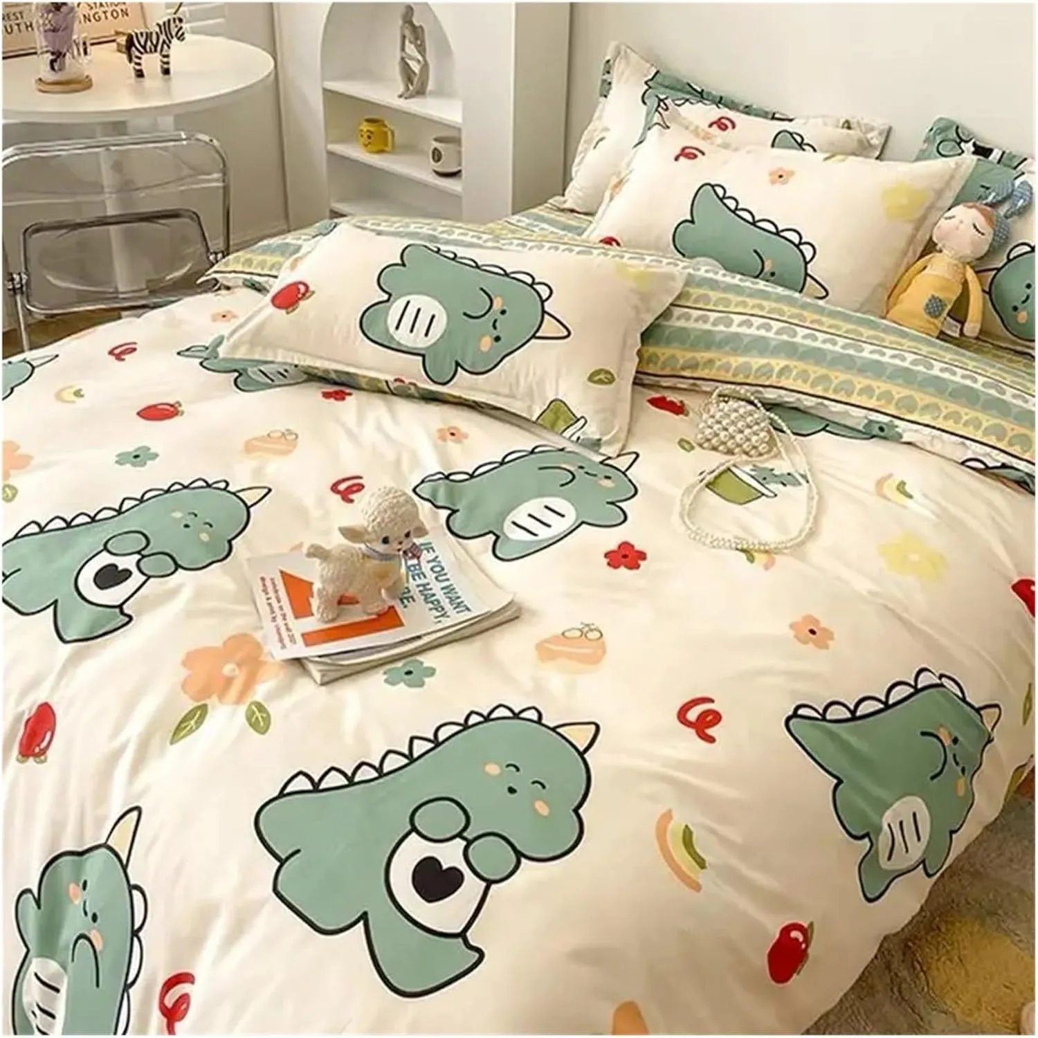 Romantic Floral Bedding Set Duvet Cover Flat Sheet with Pillowcases Single Queen Full Size Boys Girls Bed Linen Bed Four Pieces Set(B,Twin 4pcs)
