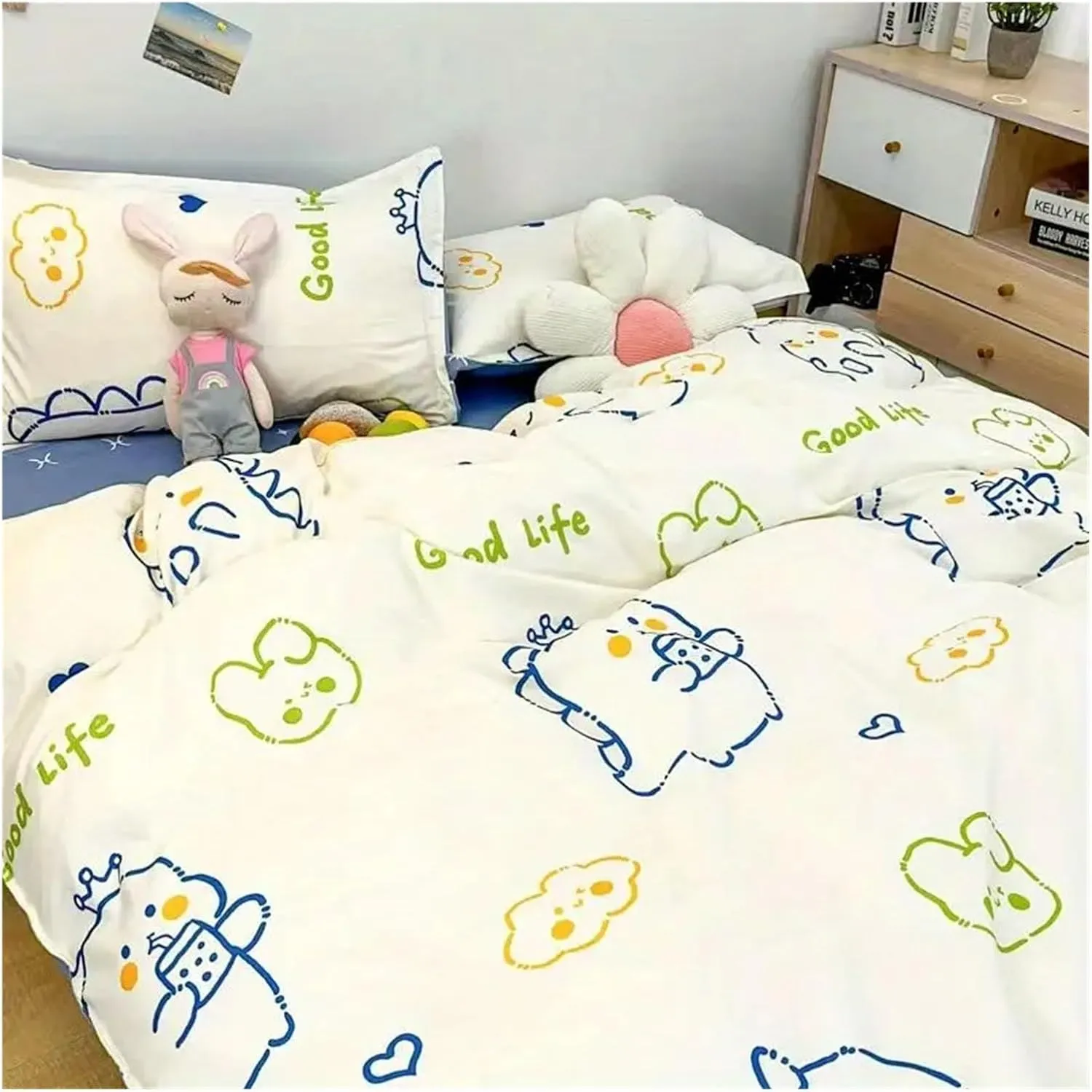 Romantic Floral Bedding Set Duvet Cover Flat Sheet with Pillowcases Single Queen Full Size Boys Girls Bed Linen Bed Four Pieces Set(B,Twin 4pcs)