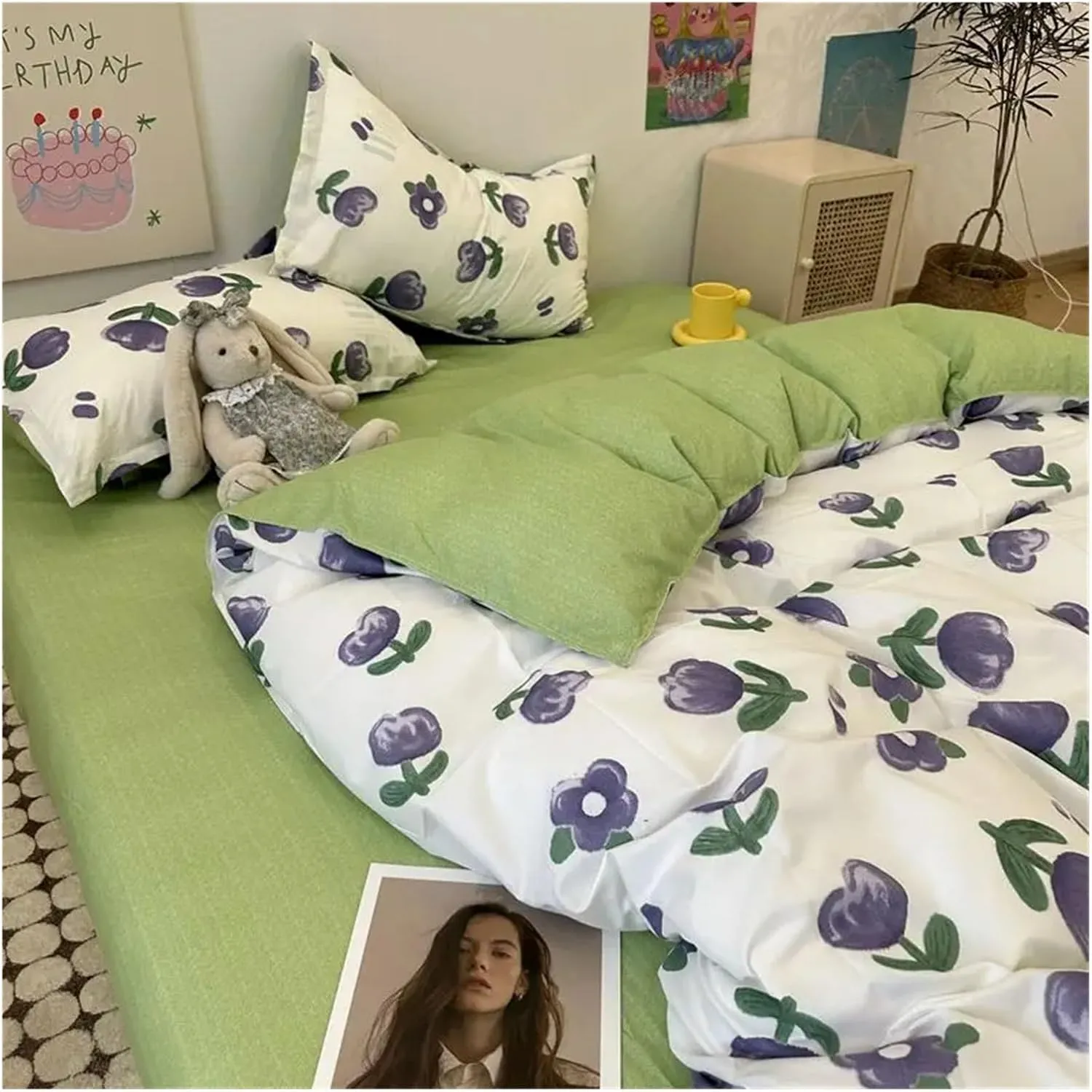 Romantic Floral Bedding Set Duvet Cover Flat Sheet with Pillowcases Single Queen Full Size Boys Girls Bed Linen Bed Four Pieces Set(B,Twin 4pcs)