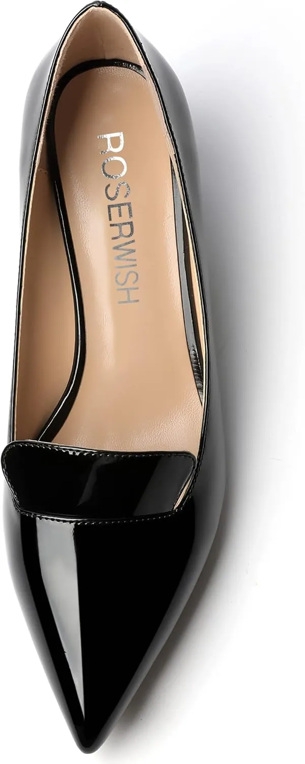 ROSERWISH Womens Slip On Pointed Toe Work Formal Office Patent Chunky Low Heel Pumps Dress Shoes 2 Inch